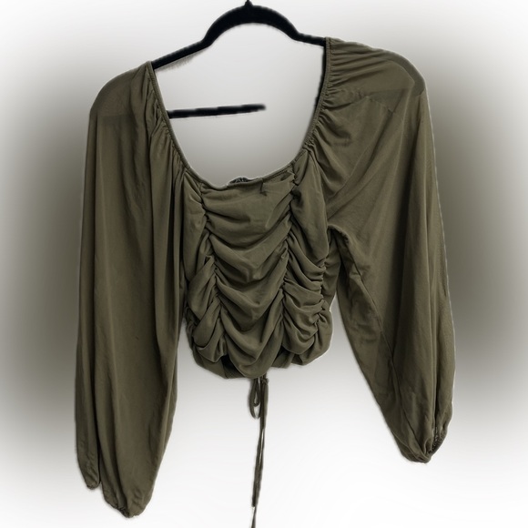 Dark Green Crop Top Scrunch Tie Long Puffer Sheer Sleeve - Picture 5 of 5